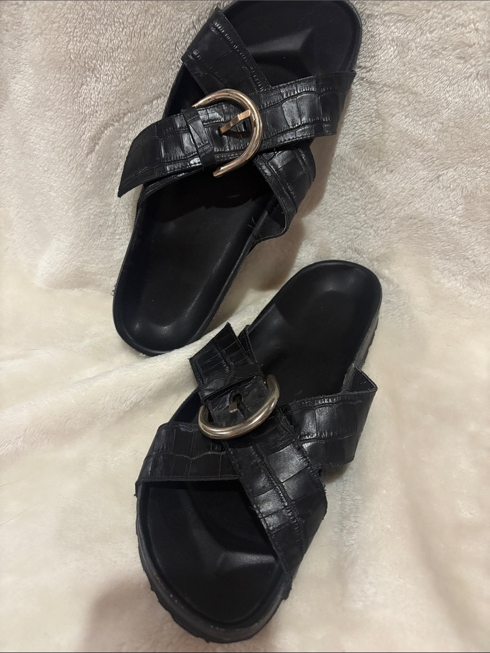 Black Croc-Textured Buckle Slide Sandals - Women
